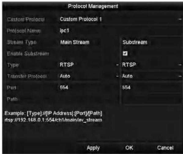 Protocol Management Custom Protocol Custom Protocol 1 Protocol Name ipc1 Stream Type Main Stream Substream Enable Substream Type RTSP - RTSP Transfer Protocol Auto - Auto Port 554 554 Path Example: [Type]/[IP Address];[Port]/[Path] rtsp://192.168.0.1:554/ch1/main/av_stream Apply OK Cancel