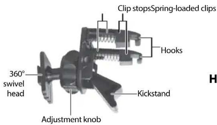 Clip stopsSpring-loaded clips Hooks 360° swivel head Adjustment knob Kickstand