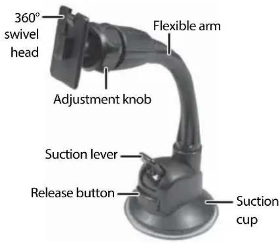 360° swivel head Flexible arm Adjustment knob Suction lever Release button Suction cup