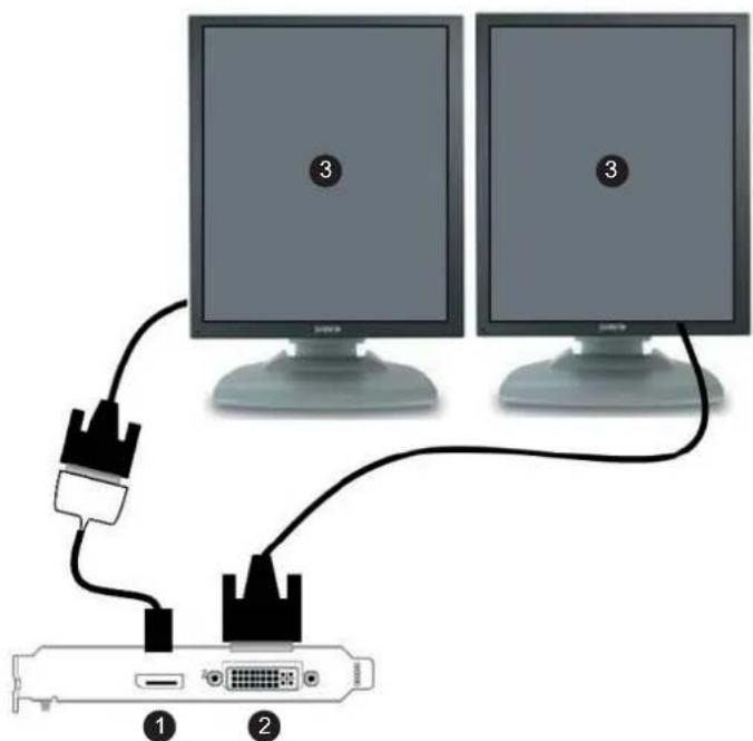 Diagram showing two computer monitors connected to a network interface with labeled components