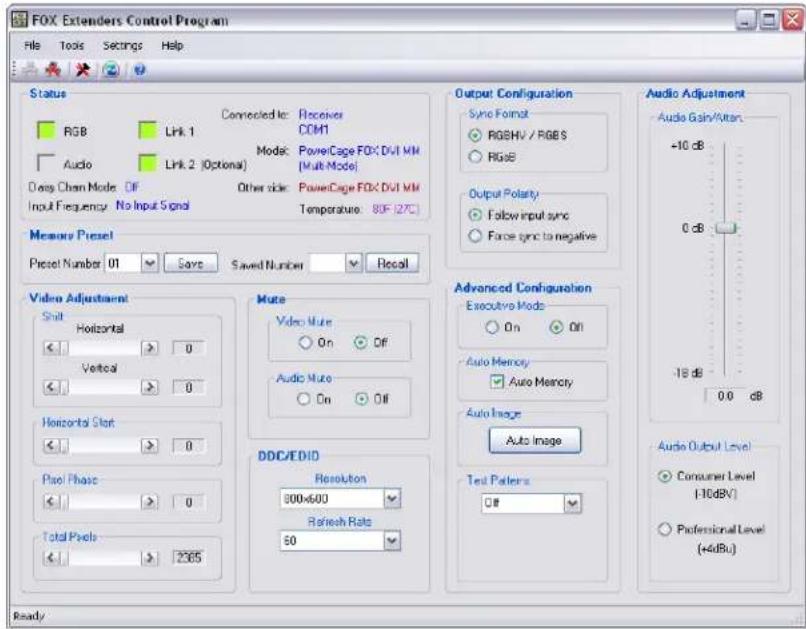 FOX Extenders Control Program File Tools Settings Help Status RGB Lhk 1 Audio Lhk 2 (Optional) Deep Chan Mode Off Input Frequency No Input Signal Connected to: Receiver COM1 Mode: PowerCage FOX Dvl MM (Mult Mode) Other side: PowerCage FOX Dvl MM Temperature: 80F (27C) Output Configuration Sync Format RGBHV / RGBS RGBE Output Polarity Follow input sync Force sync to negative Audio Adjustment Audio Gain/Vitan. +10 dB 0 dB Video Adjustment Shift Horizontal Vertical Horizontal Shift Pilot Phase Total Pixels 0 0 0 0 Video Adjustment Mute Video Mute On Off Audio Mute On Off DDC/EDID Resolution 800x600 Refresh Rate 50 Advanced Configuration Executive Mode On Off Auto Memory Auto Memory Auto Image Auto Image Test Pattern: Off Audio Output Level Consumer Level (1-10dBV) Professional Level (+4dBu) Ready