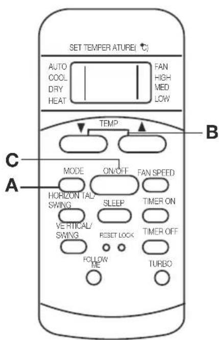 SET TEMPERATURE(°C) AUTO COOL DRY HEAT FAN HIGH MED LOW TEMP B C A MODE ON/OFF FAN SPEED HORIZON TAL/ SWING SLEEP TIMER ON VE RITICAL/ SWING RESET LOCK TIMER OFF FOLLOW ME TURBO