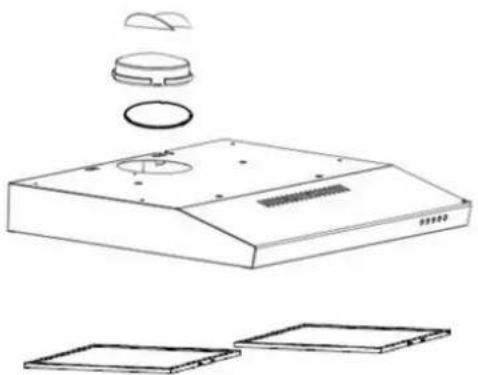 Line drawing of a kitchen air conditioner unit with exploded view showing internal components (no text or labels)