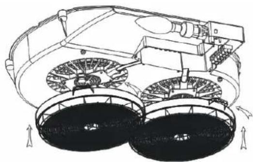 Technical line drawing of a tracked robotic vehicle with two large wheels and control panels (no text or symbols)