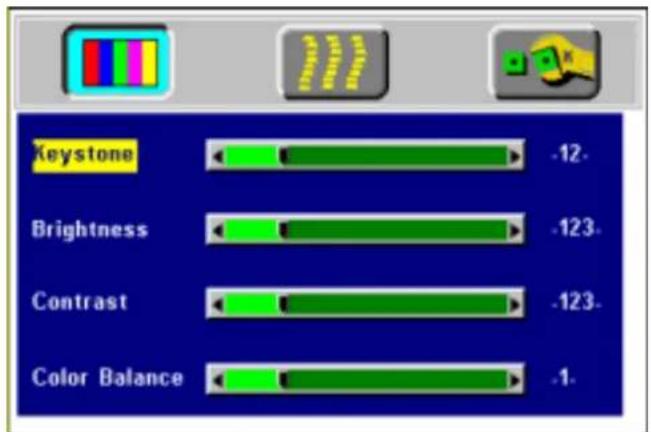 Keystone -12. Brightness -123. Contrast -123. Color Balance -1.