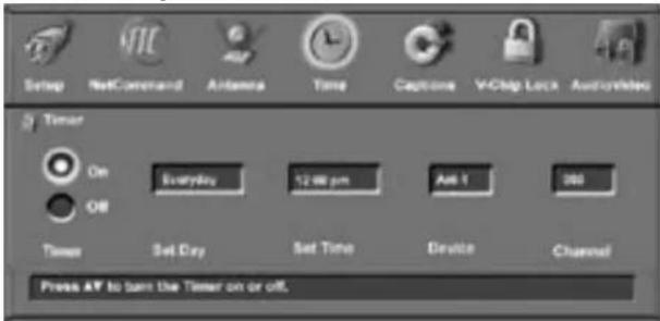 Setup NetCommand Antenna Time Captions V-Chip Lock Audio/video Timer On Everyday 12:00 pm Ask 1 366 Off Timer Set Day Set Time Device Channel Press AF to turn the Timer on or off.