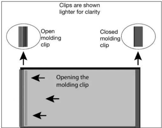 Clips are shown lighter for clarity Open molding clip Closed molding clip Opening the molding clip