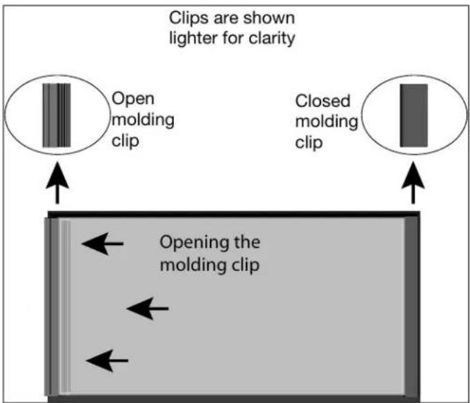 Clips are shown lighter for clarity Open molding clip Closed molding clip Opening the molding clip