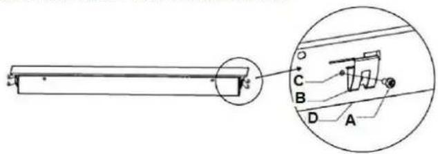 Technical diagram showing a mechanical component with labeled parts A, B, C, D and an inset view of a device or assembly.
