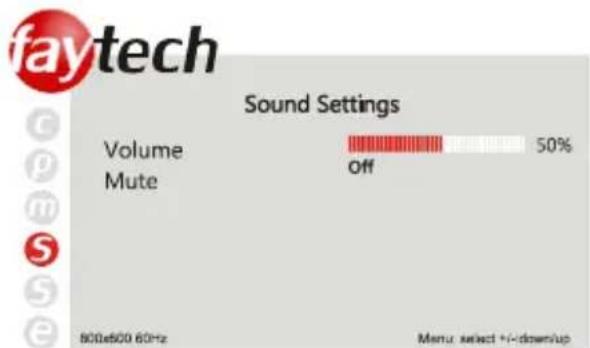 faytech Sound Settings Volume Mute Off 50% 800x600 60Hz Menu select +/-downup