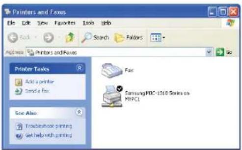 Printers and Faxes File Edit View Favorites Tools Help Back Search Folders Address Printers and Faxes Go Printer Tasks Add a printer Send a fax See Also Troubleshoot printing Get help with printing Fax Samsung HXC-1010 Series on MPC1