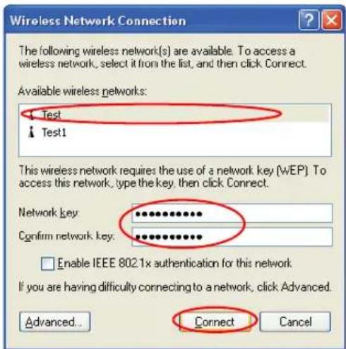 Wireless Network Connection The following wireless network(s) are available. To access a wireless network, select it from the list, and then click Connect. Available wireless networks: Test Test1 This wireless network requires the use of a network key (WEP). To access this network, type the key, then click Connect. Network key: Confirm network key: Enable IEEE 802.1x authentication for this network If you are having difficulty connecting to a network, click Advanced. Advanced... Connect Cancel
