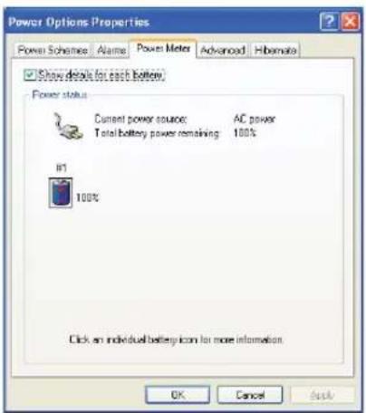 Power Options Properties Power Scheme | Alarm | Power Meter | Advanced | Hibernate | Show details for each bottom Power status Current power source: AC power Total battery power remaining 100% INT 100% Click an individual battery icon for more information. OK Cancel Back