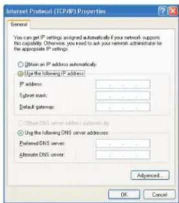 Internet Protocol (TCP/IP) Properties General You can get IP settings assigned automatically if your network supports this capability. Otherwise, you need to ask your network administrator for the appropriate IP settings. Obtain an IP address automatically. Use the following IP address: IP address: .... Subnet mask: .... Default gateway: .... Obtain DNS server address automatically. Use the following DNS server addresses: Preferred DNS server: .... Alternate DNS server: .... Advanced... OK Cancel