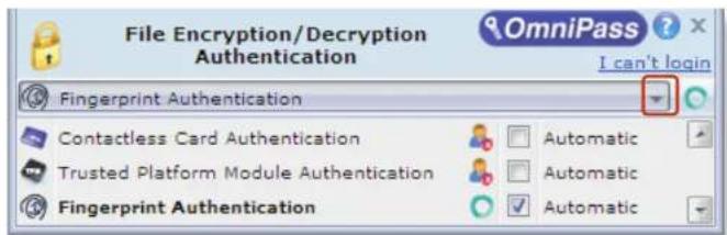 File Encryption/Decryption Authentication OmniPass ? I can't login Fingerprint Authentication Contactless Card Authentication Trusted Platform Module Authentication Fingerprint Authentication Automatic Automatic Automatic