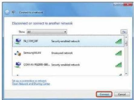 Connect to a network Disconnect or connect to another network Show: All RA_COM_1BF Security-enabled network Samsung/ALAN Unsecured network COM-AV-RS2000-680... Security-enabled network Set us a connection or network Open Network and Sharing Grids Connect Cancel