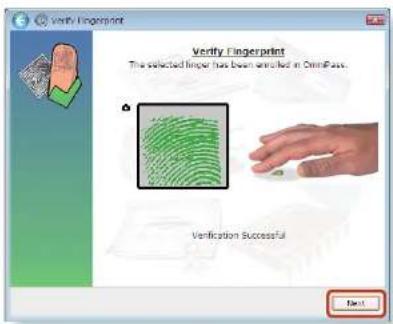 Verify Fingerprint The selected finger has been installed in OmniPass. Verification Successful Next