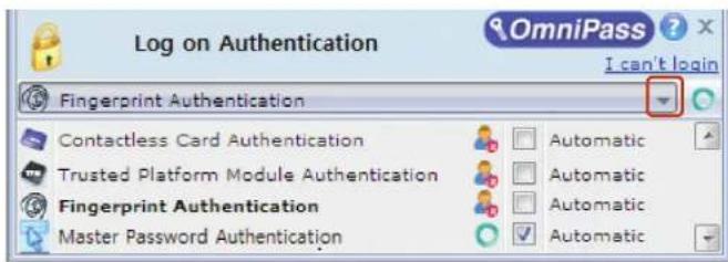 Log on Authentication Fingerprint Authentication Contactless Card Authentication Trusted Platform Module Authentication Fingerprint Authentication Master Password Authentication OmniPass ? I can't login Automatic Automatic Automatic Automatic
