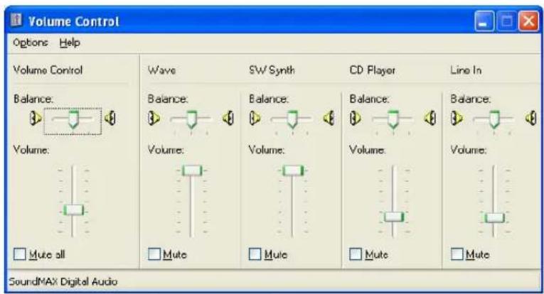 Volume Control Options Help Volume Control Wave SW Synth CD Player Line In Balance: Balance Balance Balance Balance: Volume: Volume: Volume: Volume: Volume: Mute all Mute Mute Mute SoundMAX Digital Audio