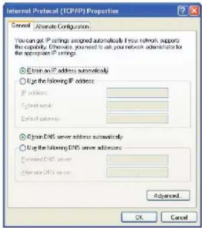 Internet Protocol (TCP/IP) Properties General Alternate Configuration You can get IP settings assigned automatically if your network supports the capability. Otherwise, you need to ask your network administrator for the appropriate IP settings. ● Obtain an IP address automatically ○ Use the following IP address: IP address: Custom name: Default server: ● Obtain DNS server address automatically ○ Use the following DNS server addresses: Deleted DNS server: Alternate DNS server: Advanced OK Cancel
