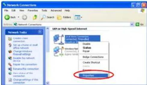 Network Connections File Edit View Favorites Tools Advanced Help Back Search Folders 100 Address Network Connections Network Tasks Create a new connection Set up a chair or mail office network Change windows Firewall settings Make the network device Make this connection Remove the connection Make the other connection Change settings of this connection LAN or High-Speed Internet Local Data Connection Connected, Connected Wireless Net Connected, Cable Azores Band Disable Status Repair Bridge Conclusions Create Shortcut Delete Properties