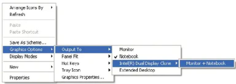 Arrange Icons By Refresh Paste Paste Shortcut Save As Scheme... Graphics Options Display Modes New Properties Output To Panel Fit Hot Keys Tray Icon Graphics Properties... Monitor ✓ Notebook Intel(R) Dual Display Clone Extended Desktop Monitor + Notebook