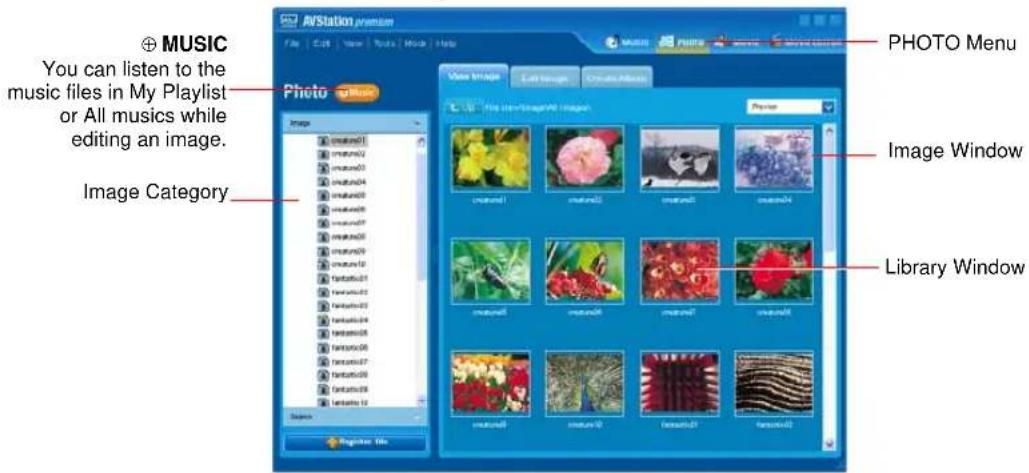 AI Station premium File Edit View Tools Music Help Photo Music You can listen to the music files in My Playlist or All musics while editing an image. Image Category PHOTO Menu Photo Image Edit Image Create Audio Photo Window Image Window Library Window Search Playbox File
