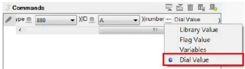Commands type 880 )(ID A )(number Dial Value ) Library Value Flag Value Variables Dial Value