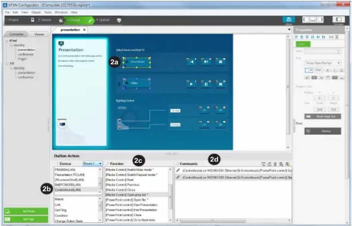 ATEN Configurator - [Computex 20170530.vkproj*] File Edit View Object Tools Windows Help Project 2 Device 1 Design Upload Controlset Viewer iPad activity presentation conference Page1 TV activity presentation conference Presentation Start the presentation with connection control Breakout: switch with project control Control lighting Select menu in Main IV Video Lighting Control ATEN Button Action Device Room-1 FESD0100(LAN) Presentation: PCLAN 2MLumentoOne(LAN) BxBPC86300(LAN) Control:Allian(LAN) Macos Link Set Flag Condition Change Button State. Function [Media Control] Switch Mode mode * [Media Control] Switch Repeat mode * [Media Control] Next * [Media Control] Previous * [Media Control] Close * [Media Control] Open Print List * [Power Point control] Open File * [Power Point control] Start Presentation * [Power Point control] End Presentation * [Power Point control] Close * [Power Point control] Go to Next side. Commands [ControlAssal] or VK2100+DB1 Ethernet (S) ControlLayout(PowerPoint control) Op [ControlAssal] or VK2100+DB1 Ethernet (S) ControlAssal(PowerPoint control) Bte 2a 2b 2c 2d