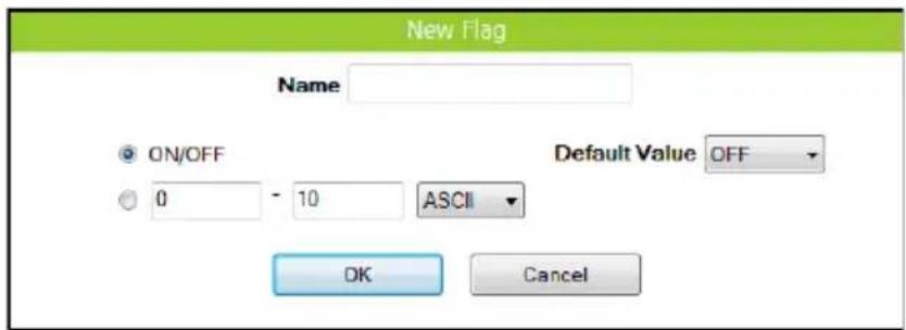 New Flag Name ON/OFF Default Value OFF 0 - 10 ASCII OK Cancel