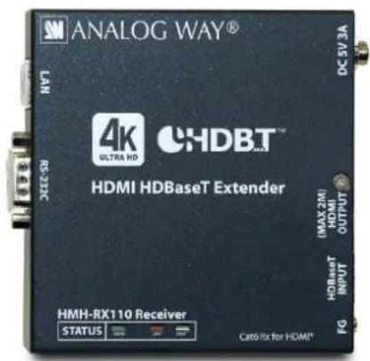 ANALOG WAY® 4K ULTRA HD CHDBT™ HDMI HDBaseT Extender (HMAX 240) HDMI OUTPUT HDBaseT INPUT FG HMH-RX110 Receiver STATUS Cat6 Rx for HDMI® DC 5V 3A LS-222C