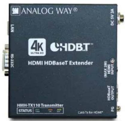 ANALOG WAY® 4K ULTRA HD CHDBT™ HDMI HDBaseT Extender (HMAX 23) HDMI OUTPUT HDBaseT STATUS FG CatTo for HDMI® DC-5V 3A LAN RS-2026C