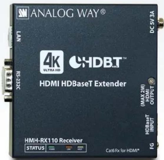 ANALOG WAY® LAN RS-232C 4K ULTRA HD CHDBT™ HDMI HDBaseT Extender (HMAX 2M) HDMI OUTPUT HDBaseT INPUT FG HMH-RX110 Receiver STATUS Cat6 Rx for HDMI® DC 5V 3A