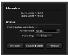 Information Current version: 1.1.2.0 Update version: 1.1.2.0 Options Check for updates automatically Refresh time Next time Policy settings Setup Check now Download update Postpone