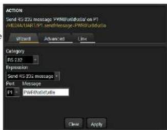 ACTION Send RS-232 message PWMValidMable on P1 /MLDA/DART/P1 sendMessage-PWMValidMable Word Advanced Line Category RS 232 Expression Send RS-232 message Port Message P1 PWMValidMable Close Apply