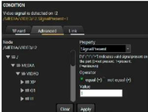 CONDITION Video signal is detected on 2 V/O/EBEA/VIOE/2.2 SignalPresent-1 Wizard Advanced Link Node V/O/EBEA/VIOE/2 Media Vero 01 Property Signal Present For "V/O" indicates valid signal present on the part (not present). Instead. Frequency Operator equal (=) not equal (=) Value Clear Apply