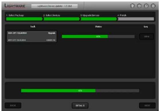 LIGHTWARE LightWare Devices Updates - 1.5.8x8 1. Select Package 2. Select Devices 3. Upgrade Devices 4. Finish Track Status Log DRG-OPT DISCRWD Upgrade DRG-OPT DISCRWD OK/OK 60% BACK DETAILS HUNT