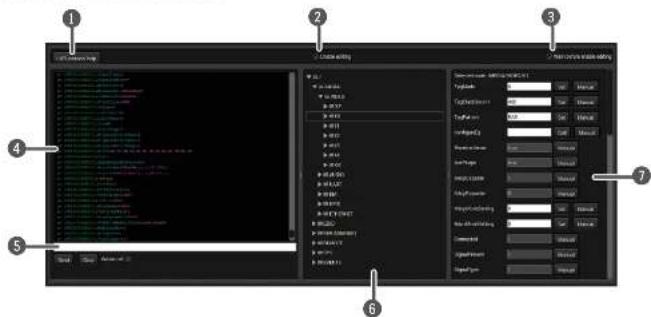 Screenshot of a software interface with numbered annotations pointing to different programming languages and data panels.