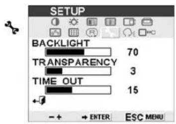 SETUP BACKLIGHT 70 TRANSPARENCY 3 TIME OUT 15 - + → ENTER ESC MENU