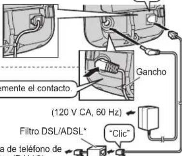 Gancho para colgar el contacto. (120 V CA, 60 Hz) Filtro DSL/ADSL* Toma de teléfono de enchufe (PJ11C) "Clic"