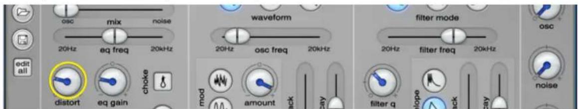 osc mix noise 20Hz eq freq 20kHz edit all distort eq gain choke waveform 20Hz osc freq 20kHz mod amount zay filter mode 20Hz filter freq 20kHz filter q slope zay noise
