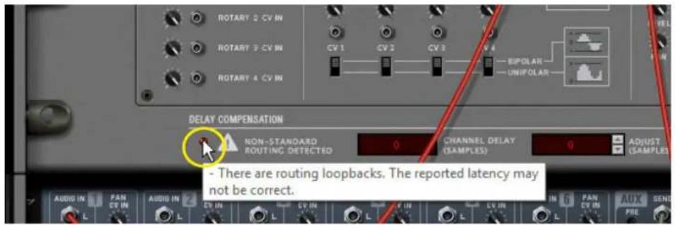 ROTARY 2 CV IN ROTARY 3 CV IN ROTARY 4 CV IN CV 1 CV 2 CV 3 EIPOLAR UNIPOLAR DELAY COMPENSATION NON-STANDARD ROUTING DETECTED CHANNEL DELAY (SAMPLES) ADJUST (SAMPLES) - There are routing loopbacks. The reported latency may not be correct.