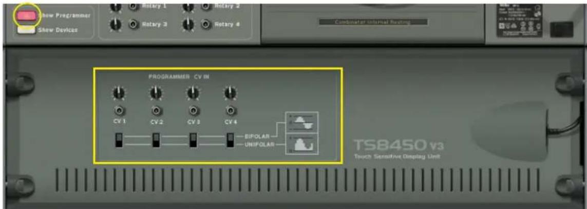 Show Programmer Show Devices Rotary 1 Rotary 2 Rotary 3 Rotary 4 Combinatorial Initial Reading PROGRAMMER CV IN CV 1 CV 2 CV 3 CV 4 BIPOLAR UNIFOLAR TS8450 v3 Touch Sensitivity Display Unit