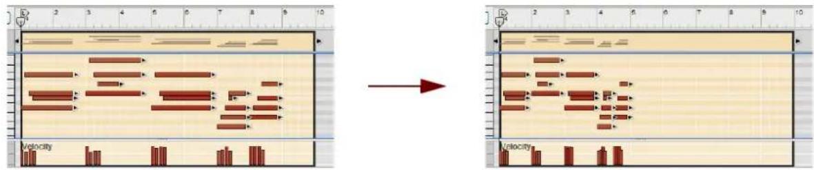 Screenshot showing a timeline editing interface with directional arrows and labeled 'Velocity' markers, likely from animation or video editing software.