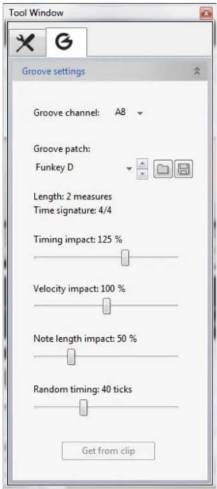 Tool Window Groove settings Groove channel: A8 Groove patch: Funkey D Length: 2 measures Time signature: 4/4 Timing impact: 125 % Velocity impact: 100 % Note length impact: 50 % Random timing: 40 ticks Get from clip