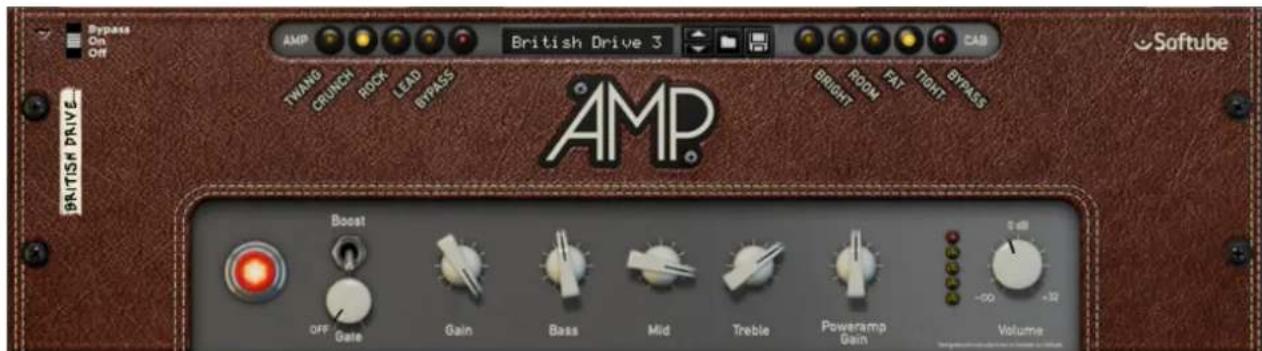 Bypass On Off British Drive 3 AMP TWANG CRUNCH ROCK LEAD BYPASS British Drive 3 CAB BRIGHT ROOM TIGHT BYPASS SoftTube BRITISH DRIVE AMP Boost OFF Gate Gain Bass Mid Treble Poweramp Gain Volume