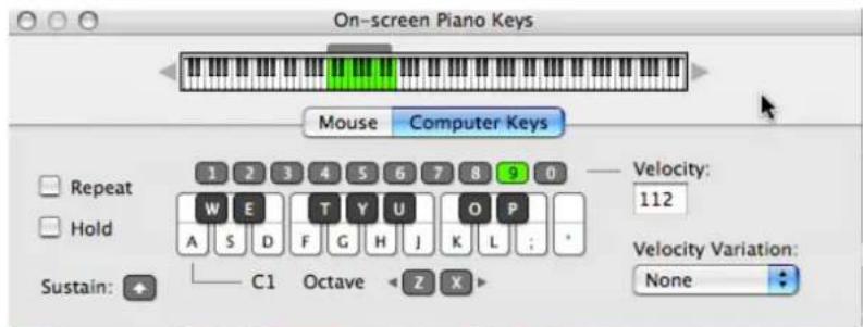 On-screen Piano Keys Mouse Computer Keys Repeat 1 2 3 4 5 6 7 8 9 0 Hold W E T Y U O P A S D F G H J K L ; Sustain: C1 Octave Z X Velocity: 112 Velocity Variation: None