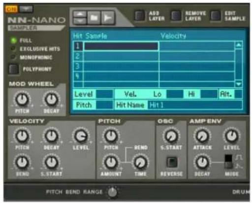 NN-NANO SAMPLER FULL EXCLUSIVE HITS MONOPHONIC POLYPHONY MOD WHEEL PITCH DECAY Volts Level Vel. Lo Hi Alt. Pitch Hit Name Hit 1 VELOCITY PITCH DECAY LEVEL PITCH REND S. START ATTACK LEVEL REND S. START AMOUNT TIME REVERSE DECAY MISE AMP ENV PITCH BEND RANGE DRUM