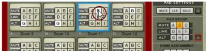 MUTE A B C LINK D E F ALT G H I 9 Drum 9 10 Drum 10 11 Drum 11 12 Drum 12 MUTE A B C LINK D E F MUTE A B C LINK D E F MUTE A B C LINK D E F PAD SETTINGS MUTE CLR SOLG PAD GROUP MUTE A B C LINK D E F ALT G H I DRUM ASSIGNMENT