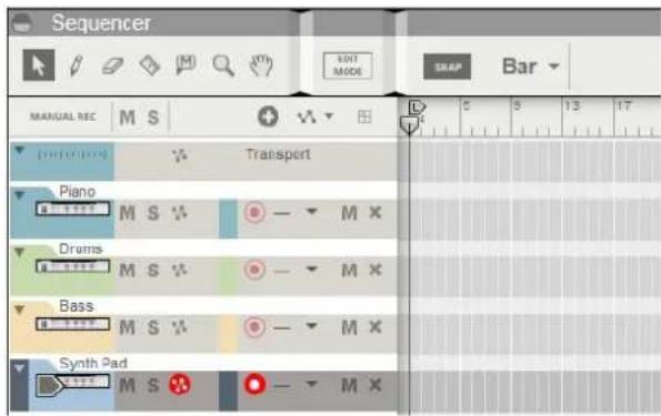 Sequencer MANUAL REC M S Piano Drums Bass Synth Pad Transprt M S - M X M S - M X M S - M X M S - M X